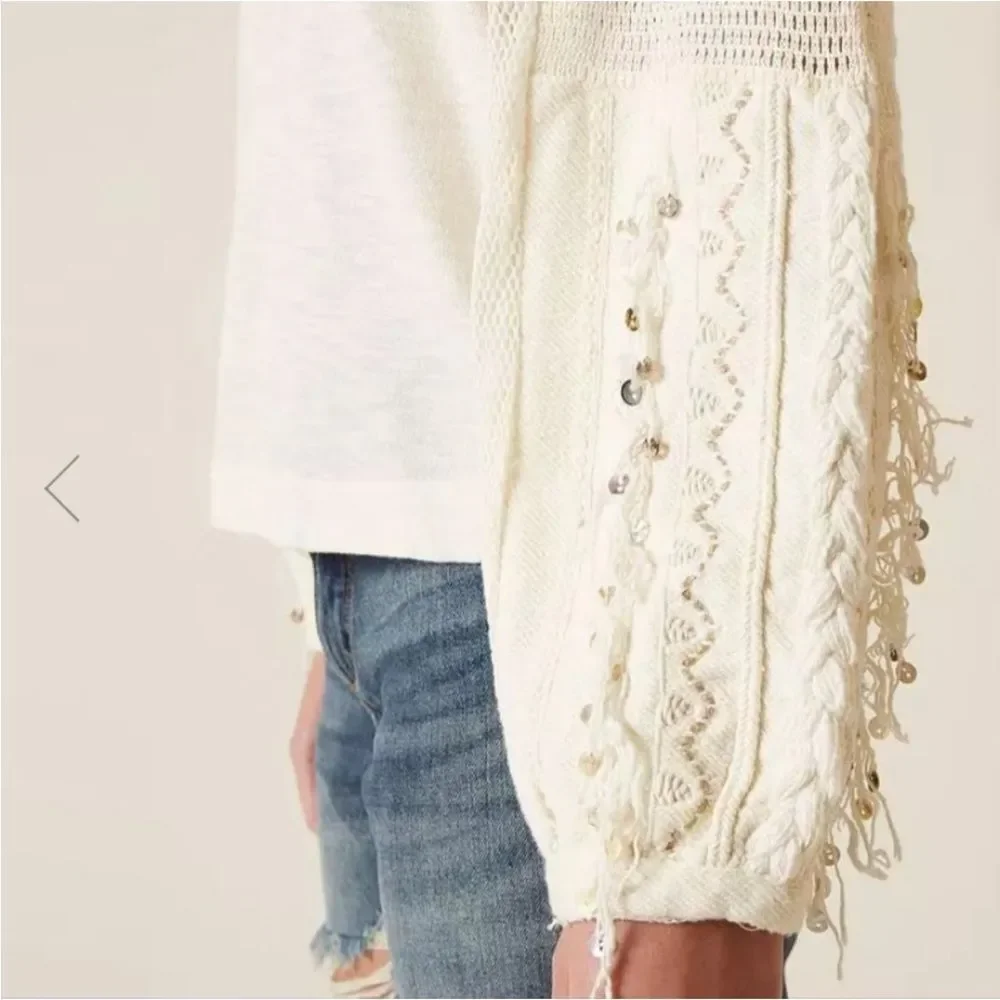Free People Marrakech Long Sleeve Crochet Embellished Boho Ivory Top Size S